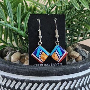 Navajo Donald Douglas Sterling Silver Multicolor Inlay Mosaic Earrings